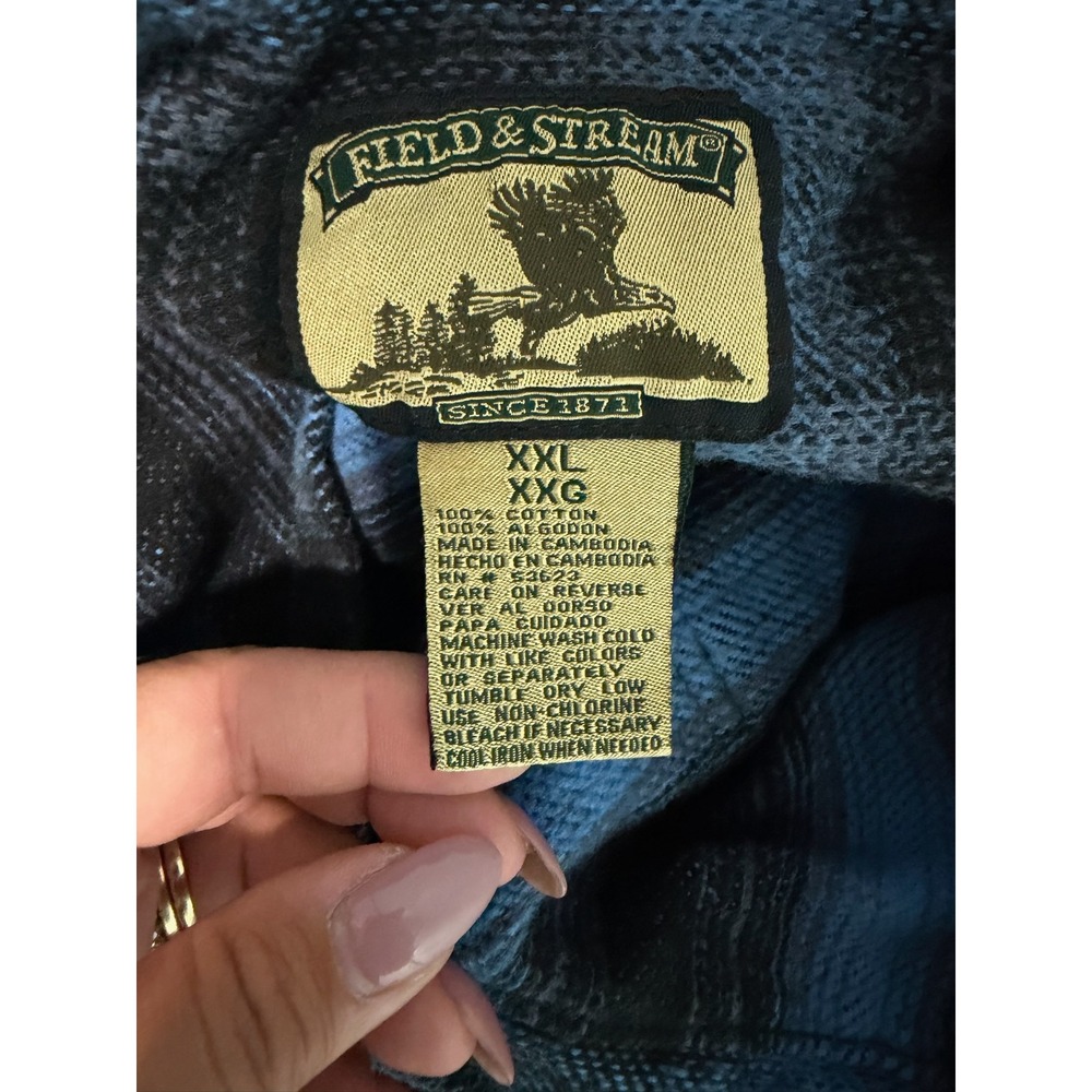 Vintage Field & Stream Heavy Flannel Shacket Blue Plaid Corduroy Trim Mens XXL - Picture 4 of 6